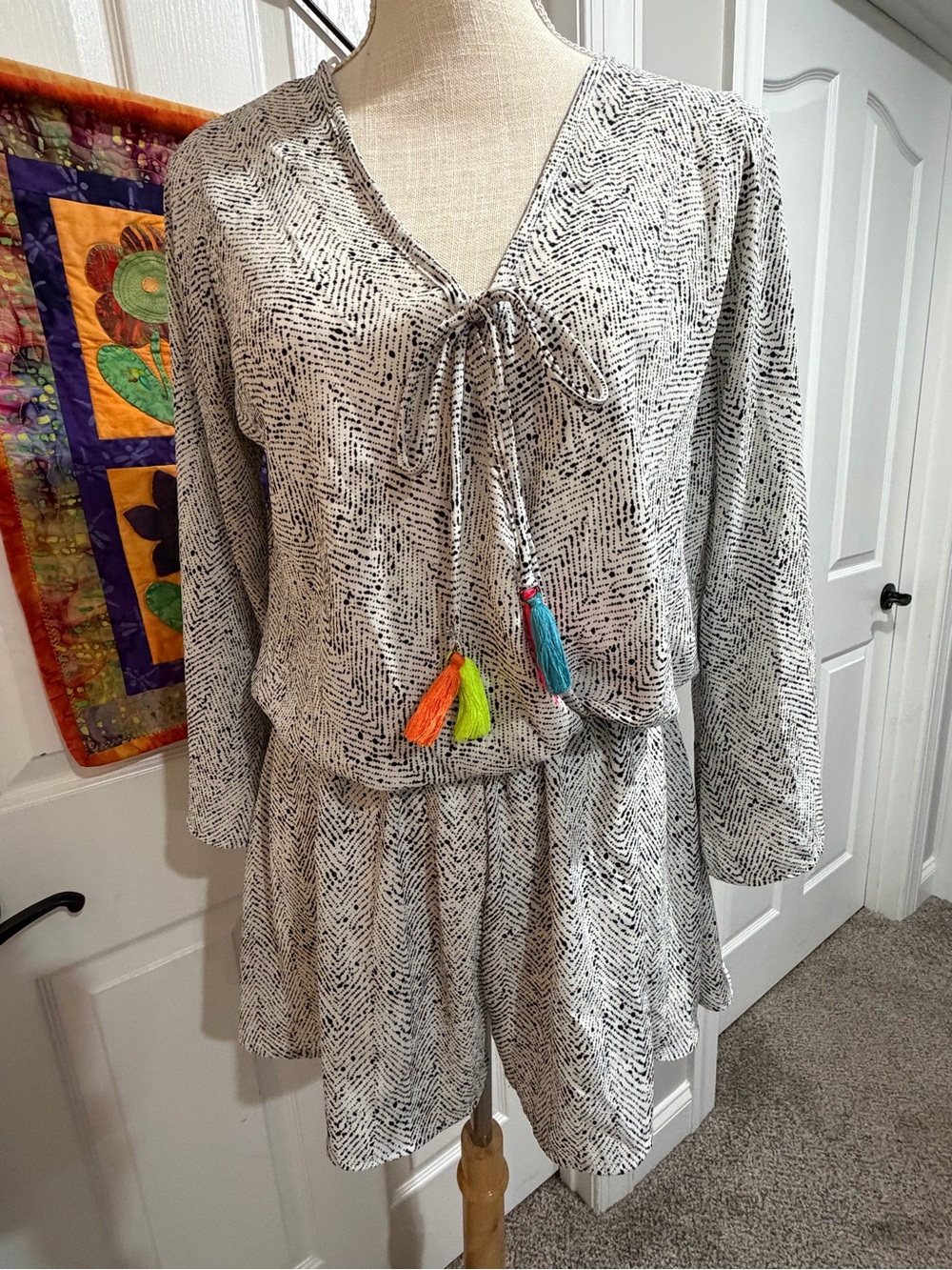 Surf Gypsy Black & White Patterned Top with Neon Tassels , One Piece Jumper